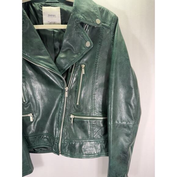 Mango Moto Genuine Leather Green Jacket Size Medium EUC - Picture 4 of 9